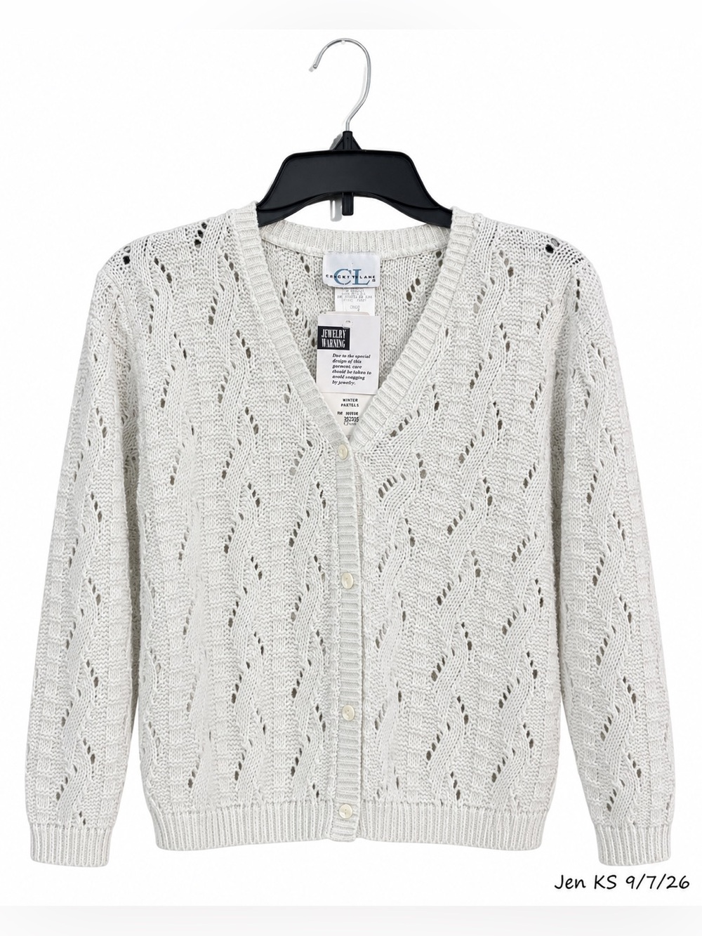 Vintage Cricket Lane Pointelle Cardigan Women’s Small White Silver Sparkle NWT